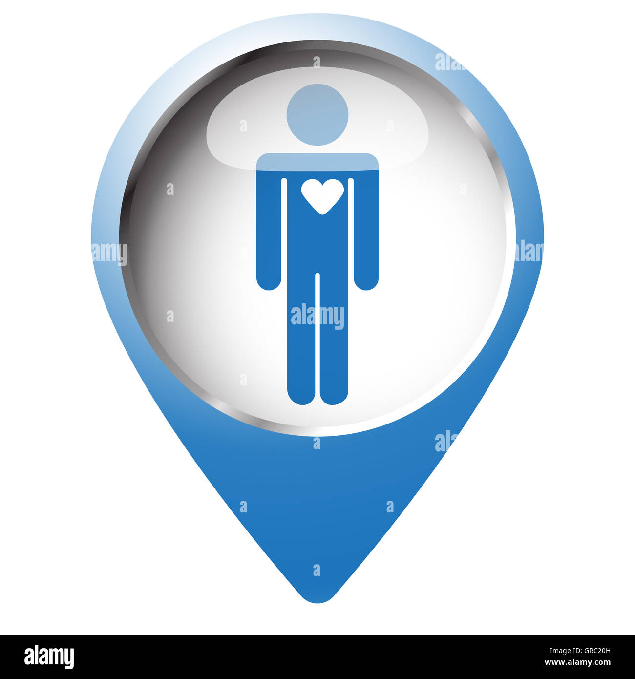 Mappa pin simbolo con icona a forma di cuore. Simbolo blu su sfondo bianco. Foto Stock