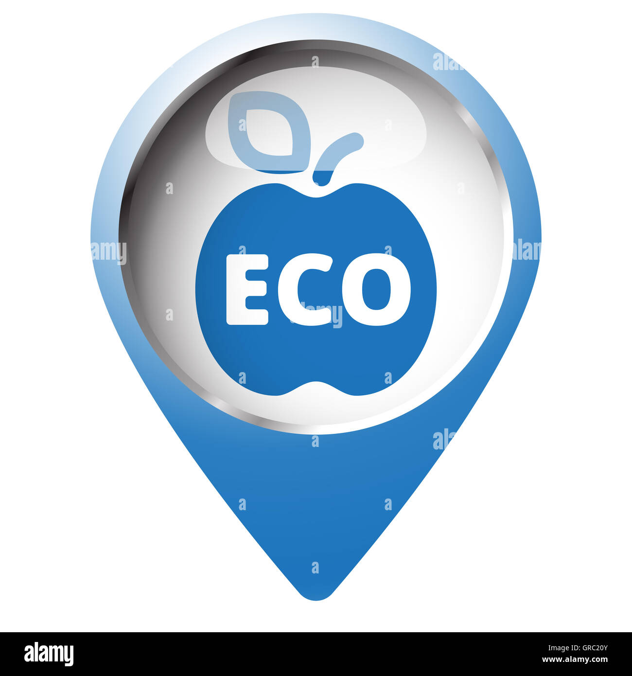 Mappa pin simbolo con icona di Apple. Simbolo blu su sfondo bianco. Foto Stock