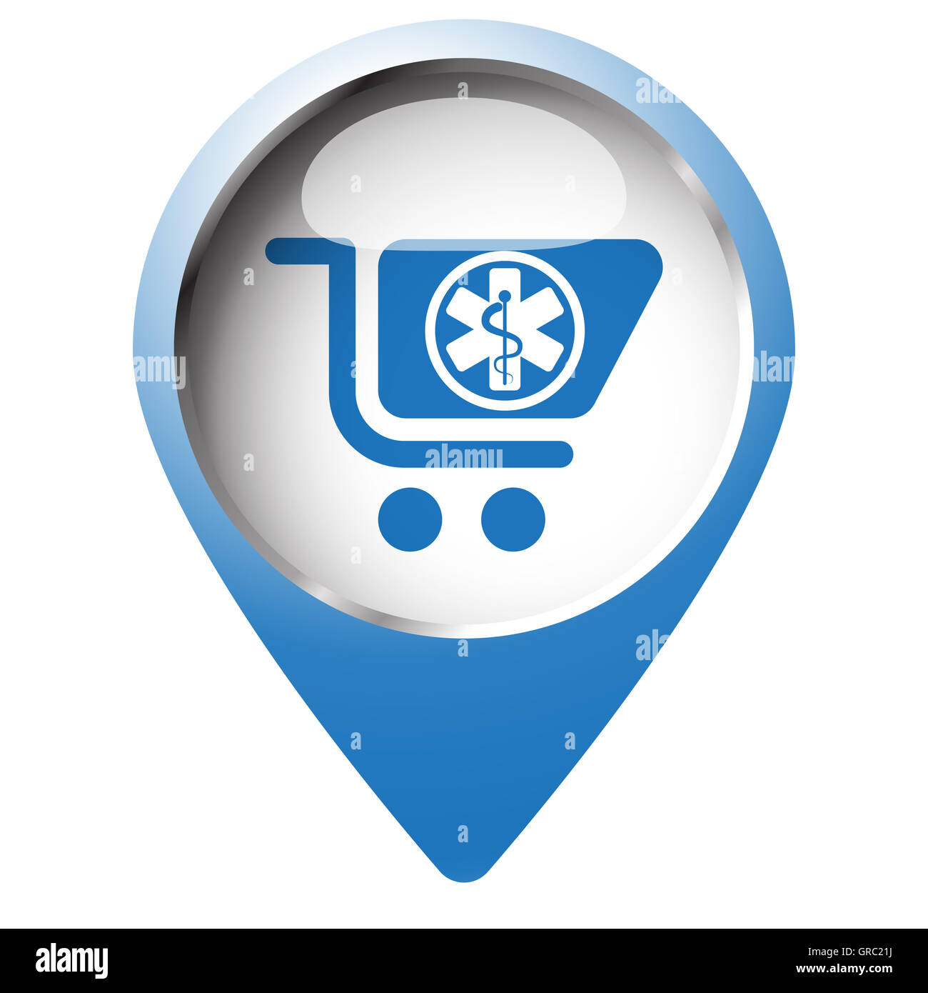 Mappa pin simbolo con farmacia icona Store. Simbolo blu su sfondo bianco. Foto Stock