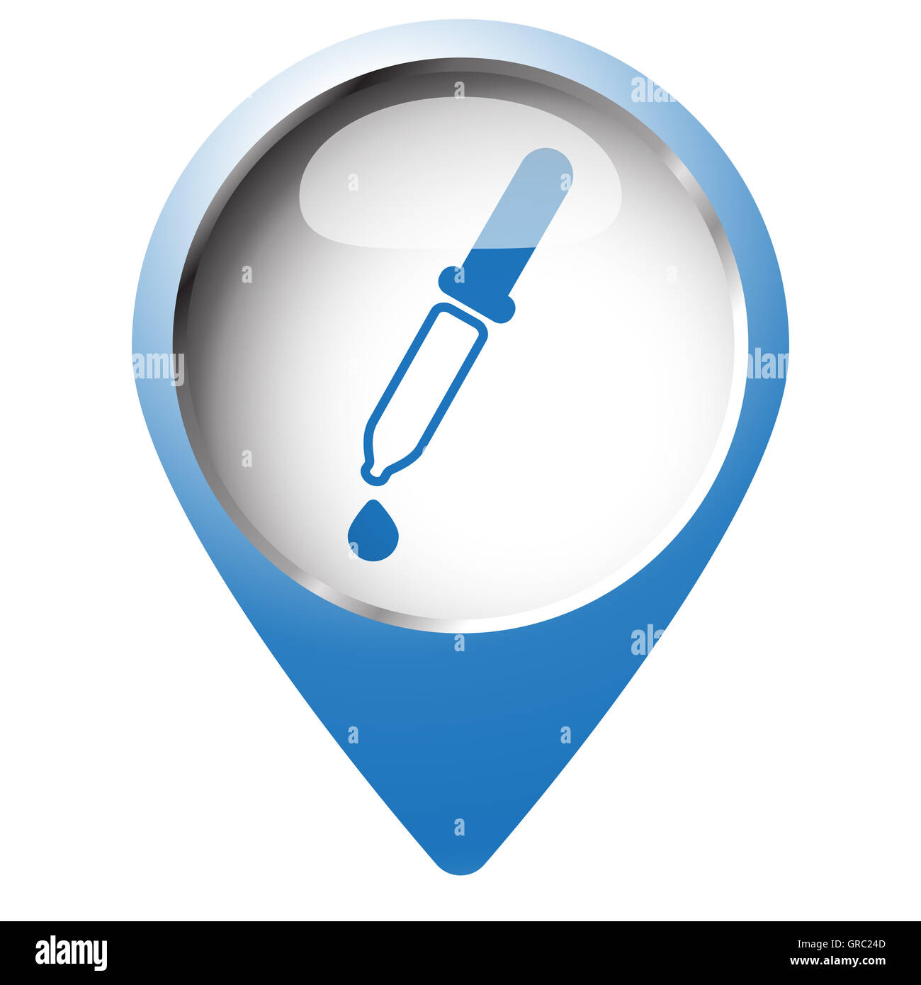 Mappa pin simbolo con la pipetta e la relativa icona. Simbolo blu su sfondo bianco. Foto Stock