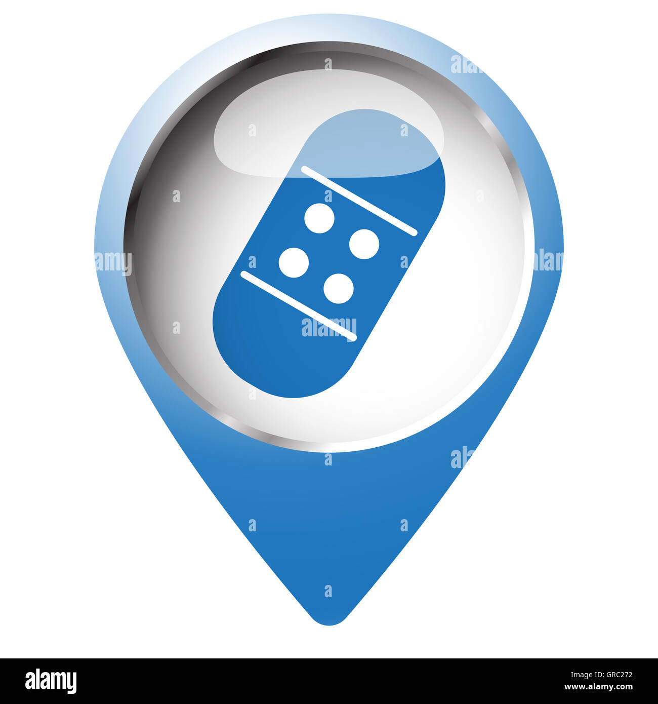 Mappa pin simbolo con bendaggio adesivo icona. Simbolo blu su sfondo bianco. Foto Stock