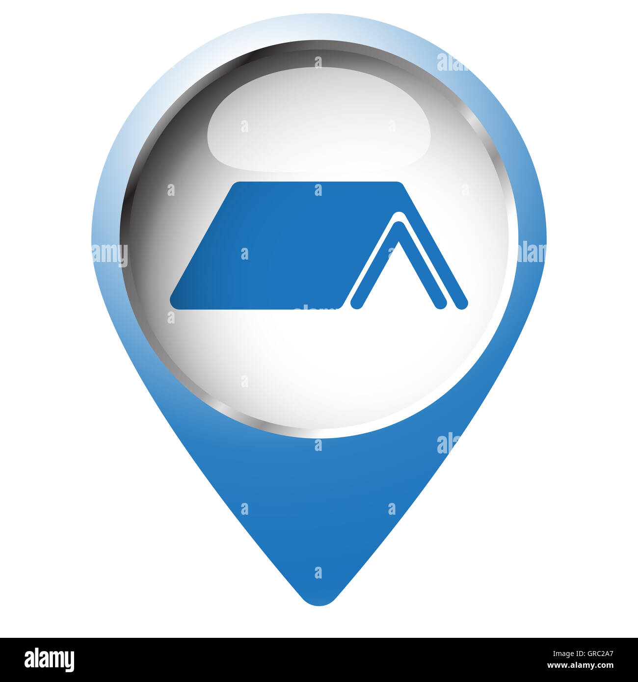 Mappa pin con simbolo icona del tetto. Simbolo blu su sfondo bianco. Foto Stock