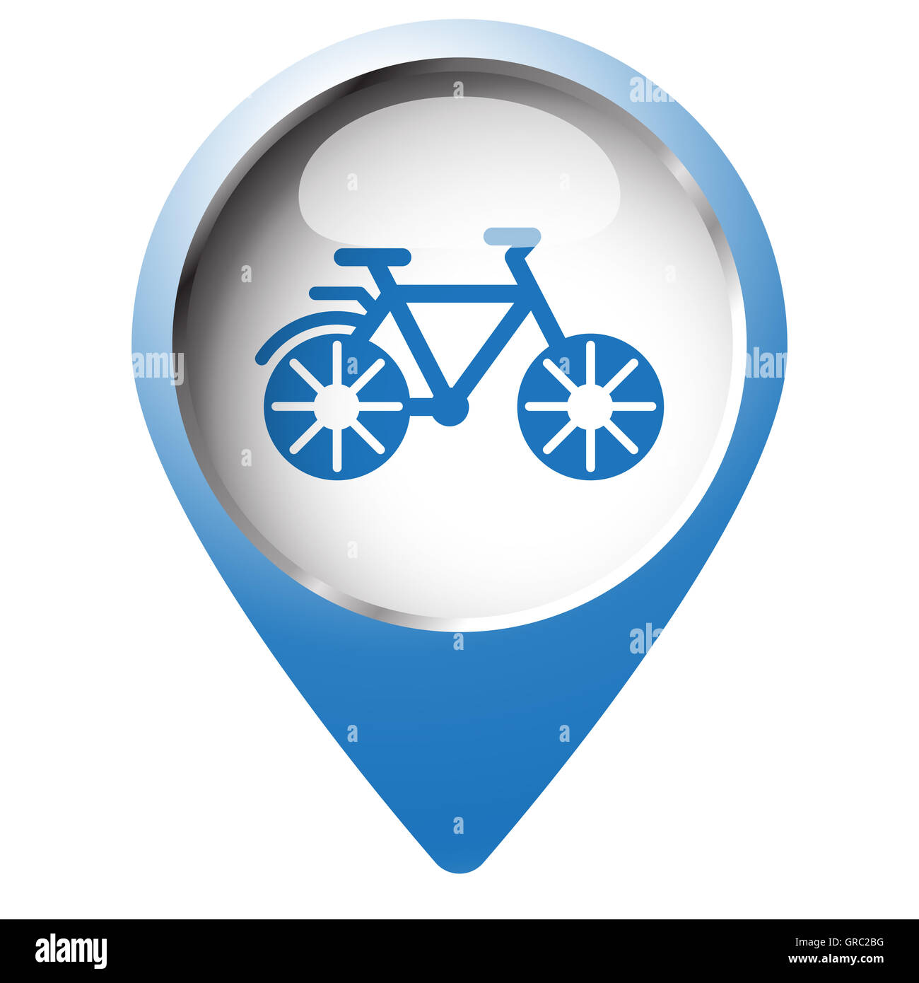 Mappa pin simbolo con icona di biciclette. Simbolo blu su sfondo bianco. Foto Stock
