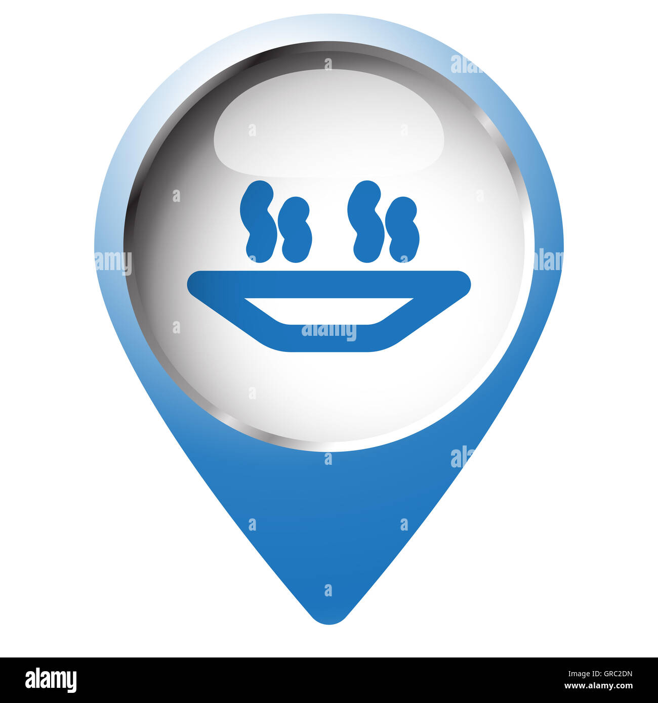 Mappa pin simbolo con un pasto caldo e la relativa icona. Simbolo blu ...
