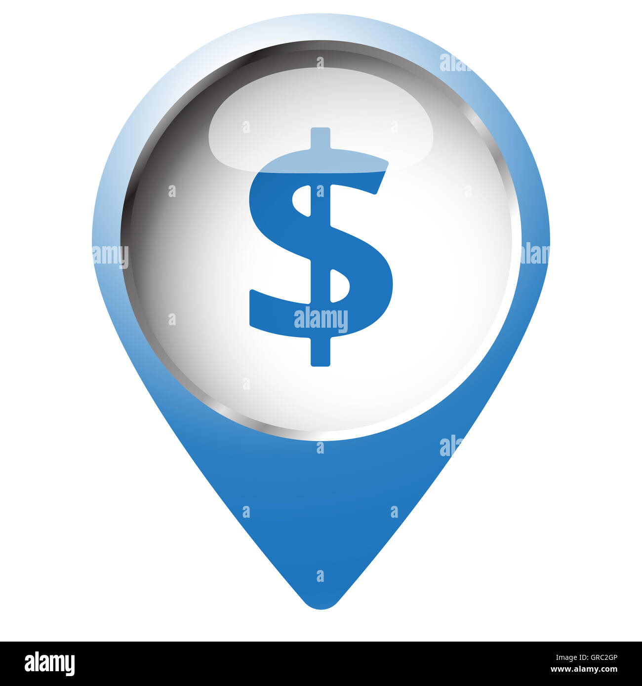 Mappa pin con il simbolo del dollaro e la relativa icona. Simbolo blu su sfondo bianco. Foto Stock