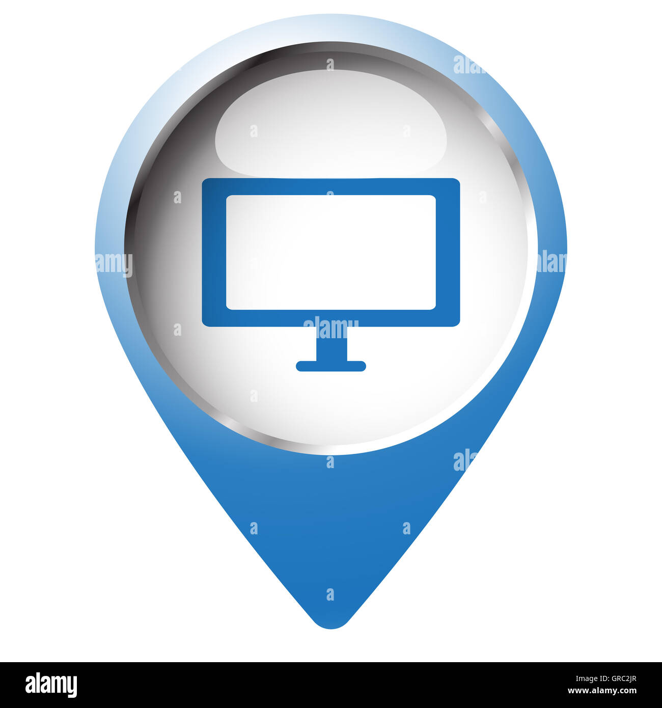 Mappa pin simbolo con lo schermo del computer e la relativa icona. Simbolo blu su sfondo bianco. Foto Stock