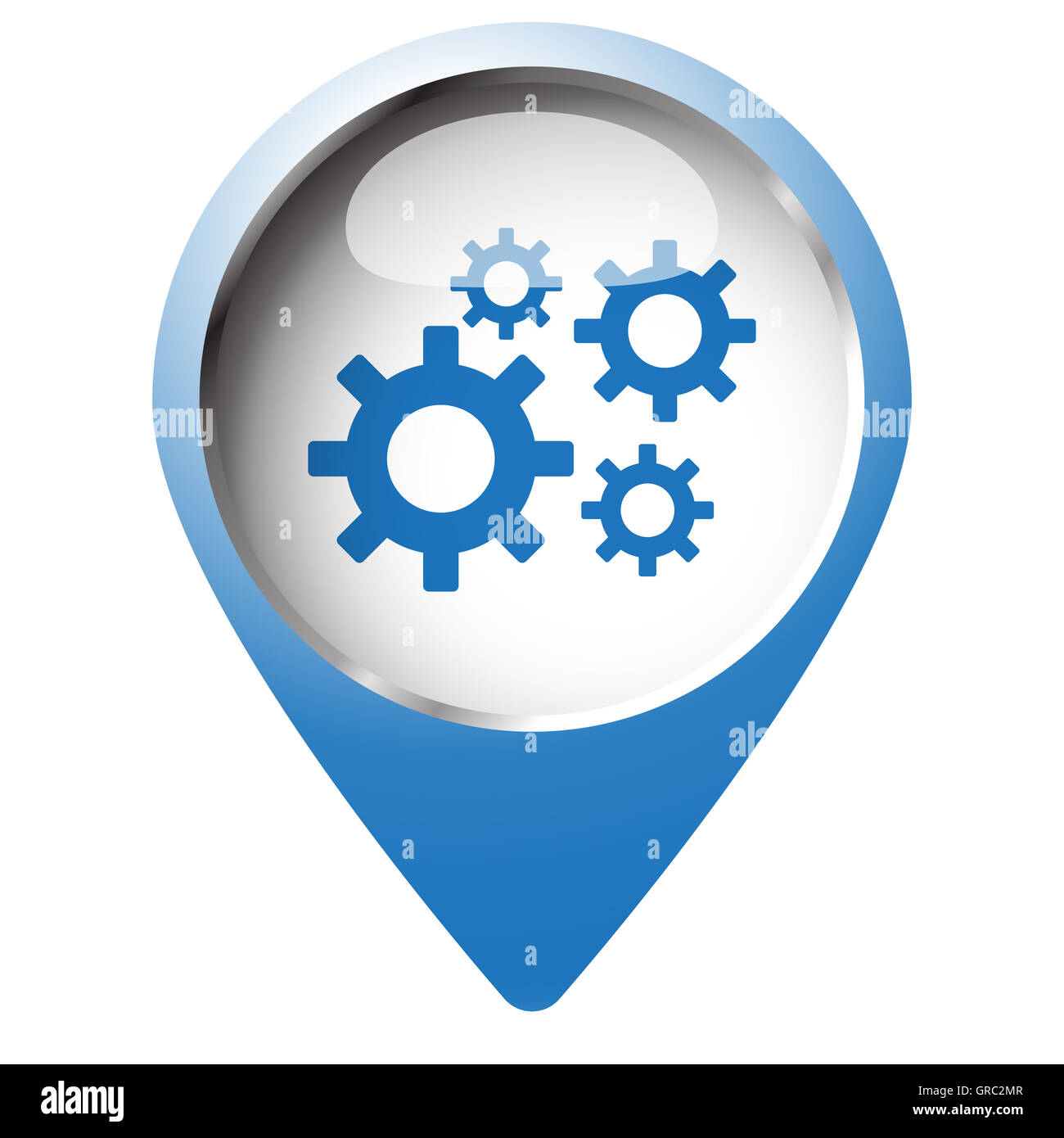 Mappa pin simbolo con icona processo. Simbolo blu su sfondo bianco. Foto Stock