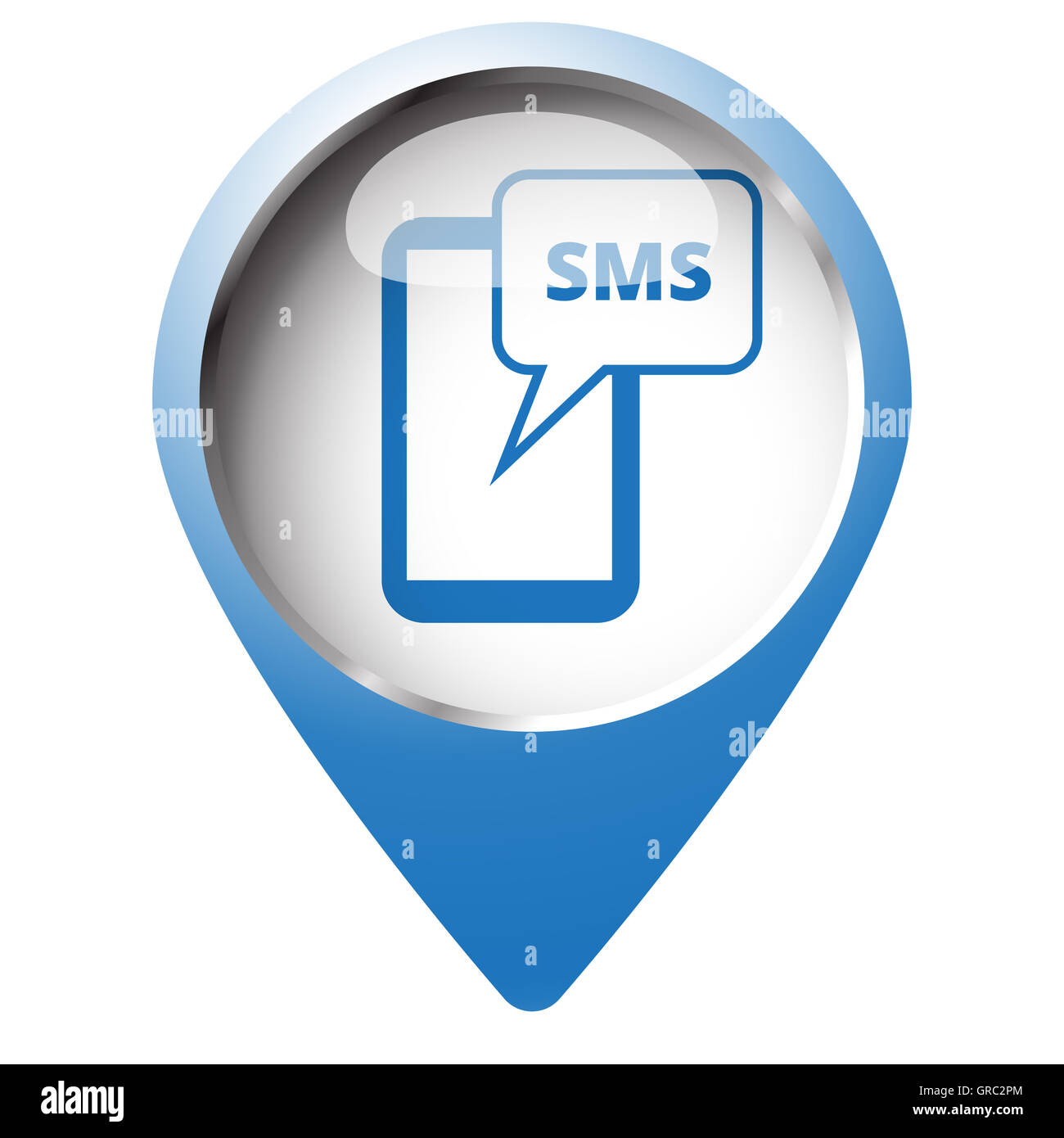 Mappa pin con simbolo icona Sms. Simbolo blu su sfondo bianco. Foto Stock