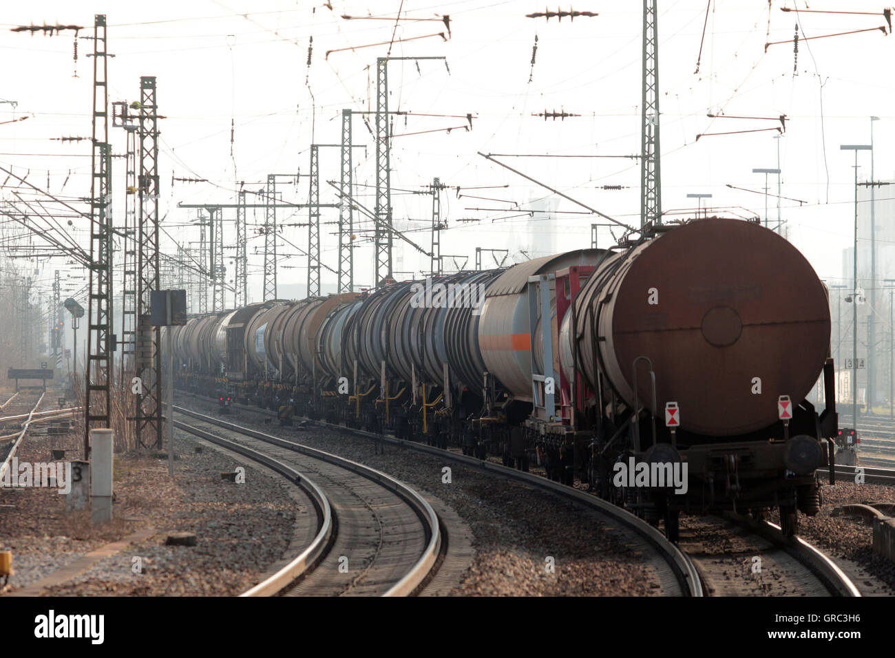 Treno merci delle FFS Swiss Railroad lungo il tragitto per il tedesco confine svizzero nei pressi di Basilea, Svizzera Foto Stock