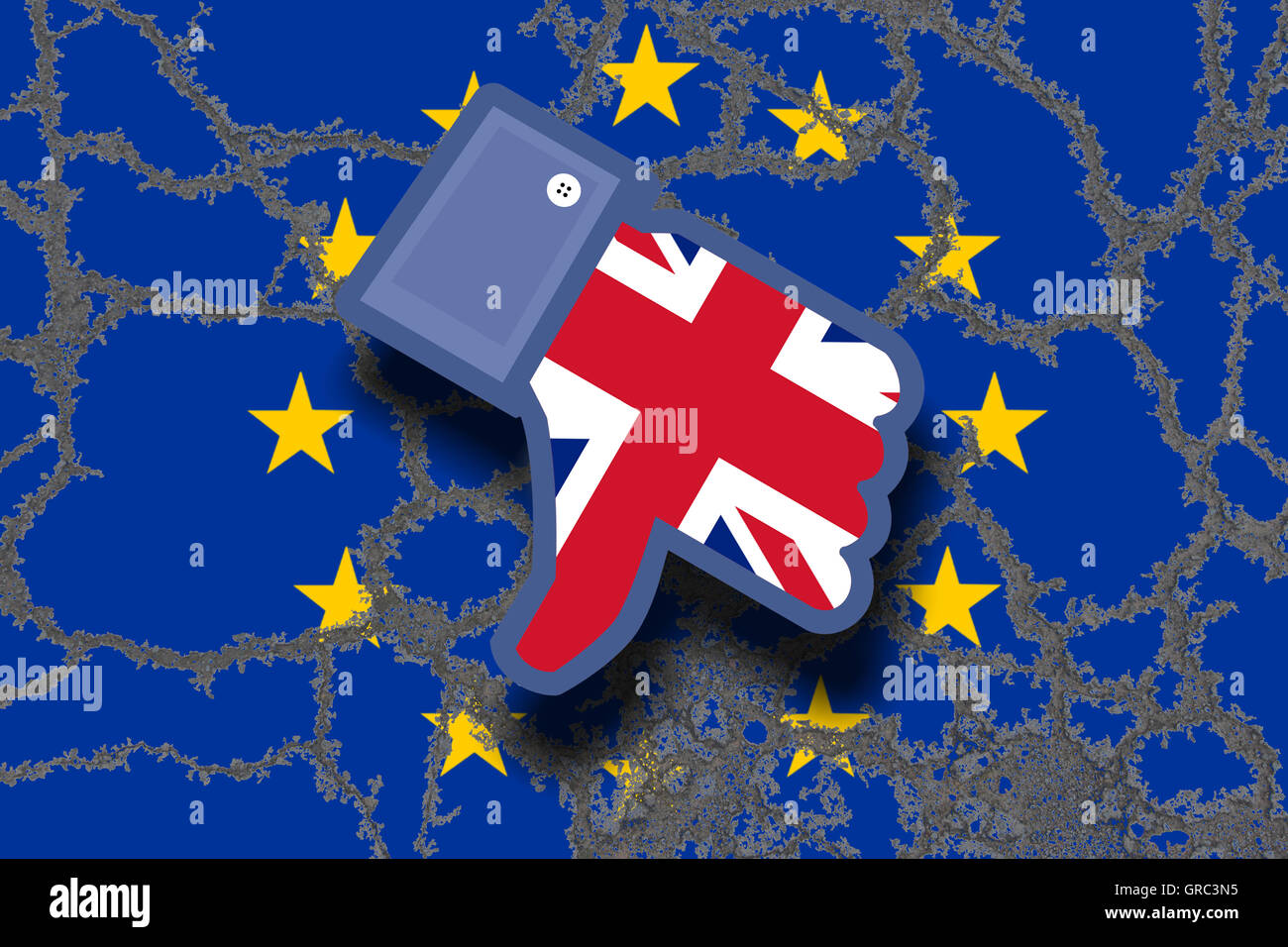Facebook non piacciono Icona con Union Jack sulla bandiera della Ue che simboleggia la Gran Bretagna S Uscita della UE Unione europea con le bandiere della Ue e Gb Foto Stock