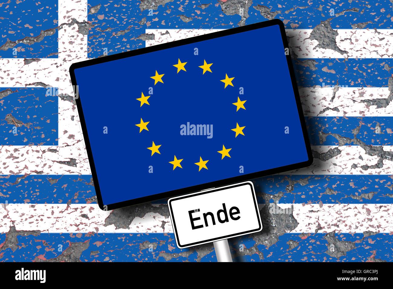 Erodendo la bandiera greca Wiith segno di traffico fine della Ue Unione Europea Foto Stock