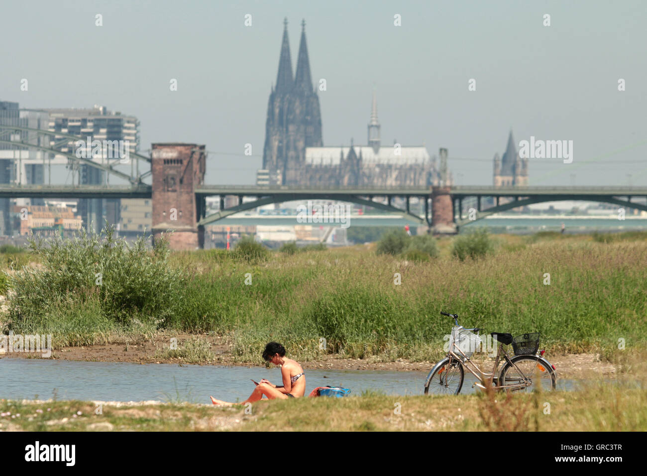 Donna seduta vicino alla riva del fiume Reno a Colonia Foto Stock