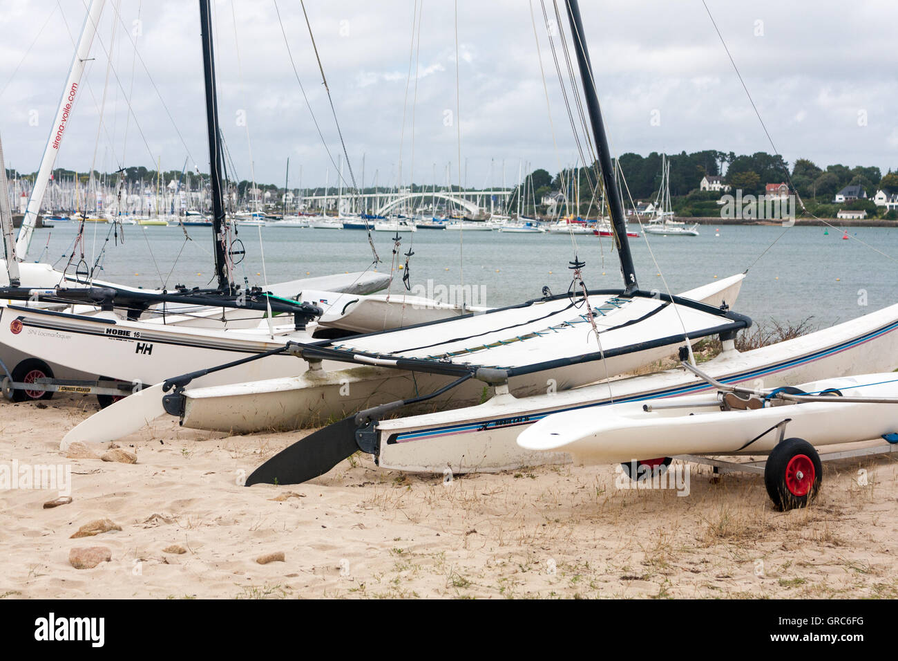 Una fila di barche e catamarani beachable sulla sabbia a La Trinité-sur-Mer, Bretagna, Francia, con la marina in background Foto Stock