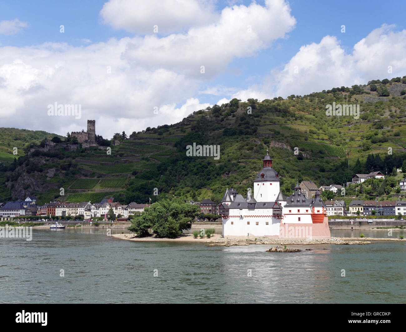 Il castello Pfalzgrafenstein sull isola di Falkenau nel Reno, precedentemente noto come un castello di pedaggio nella valle del Reno superiore e centrale, chiamato anche Pfalz Bei Kaub Foto Stock