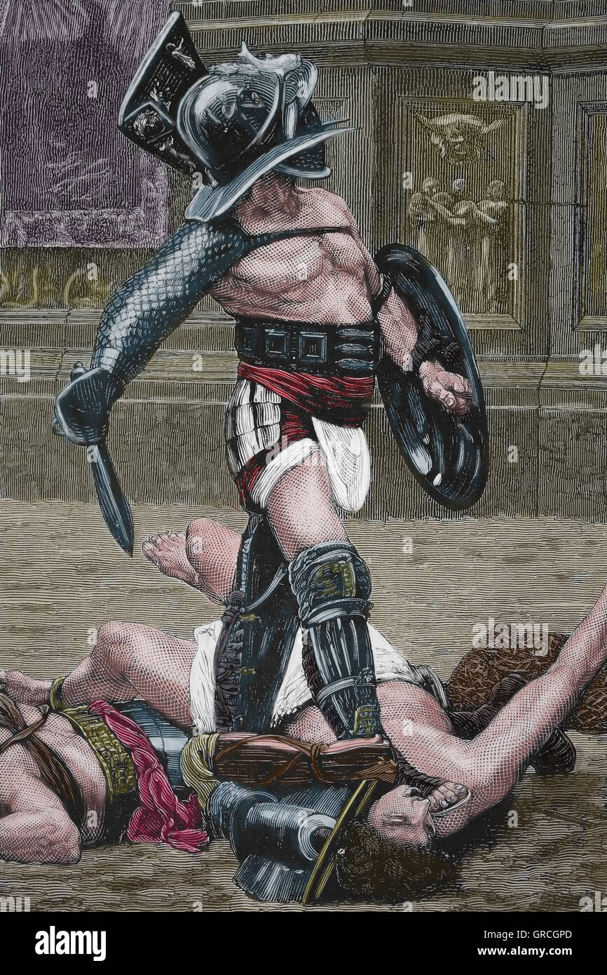 Romano di età imperiale. Il murmilo, tipo di gladiatore. Incisione del XIX secolo. Colore. Foto Stock