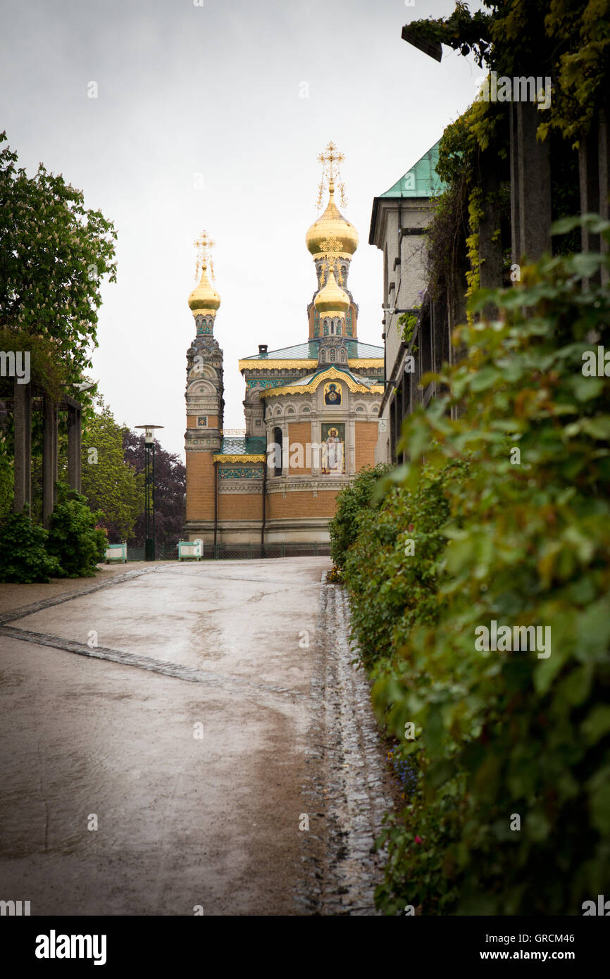 Chiesa Russa Ortodossa sulla Mathildenhöhe a Darmstadt, Vista Est Foto Stock