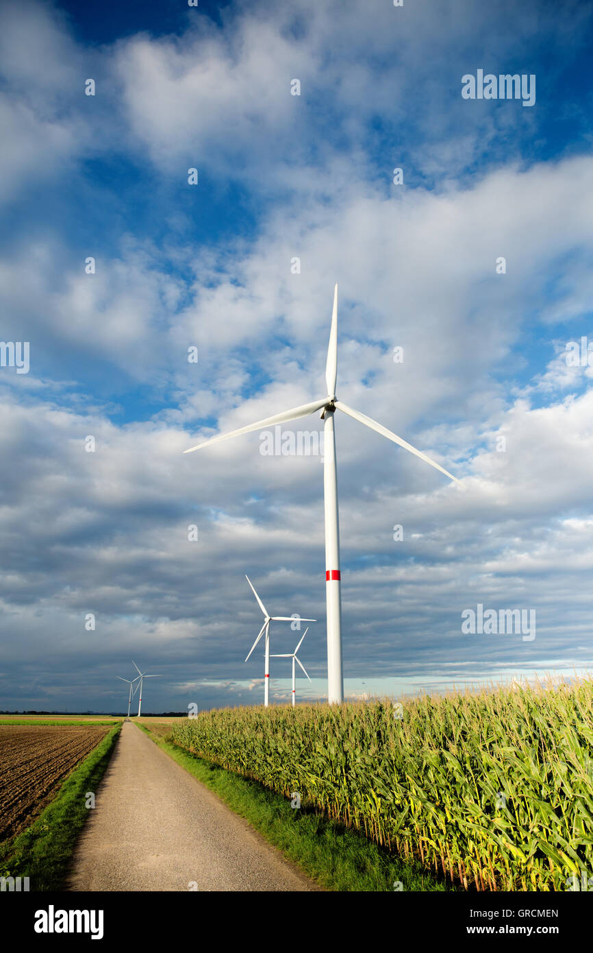 Le turbine eoliche in ambiente agricolo Foto Stock