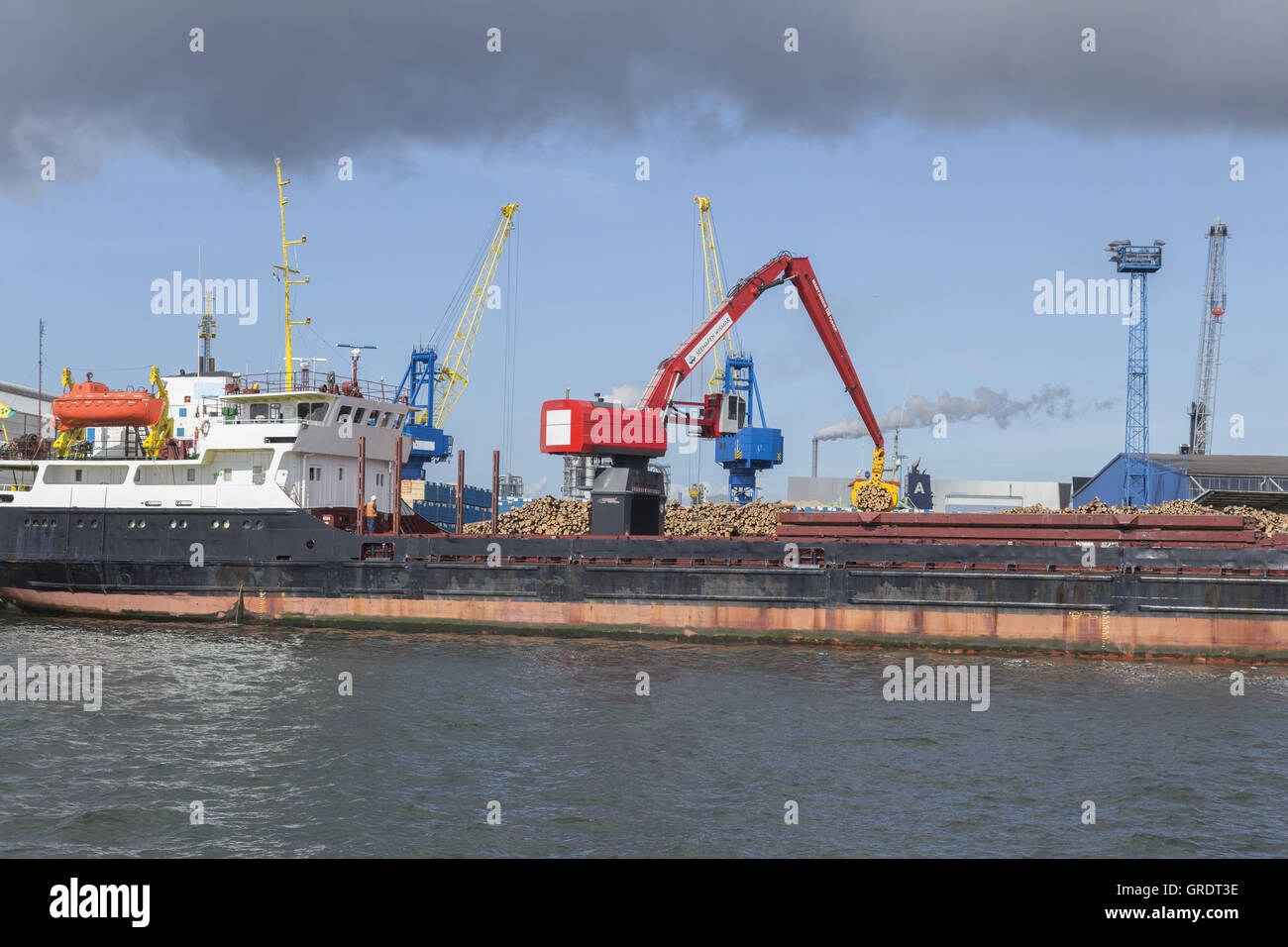 Nave da carico generale con il legname viene scaricata al porto di Wismar da escavatore Foto Stock