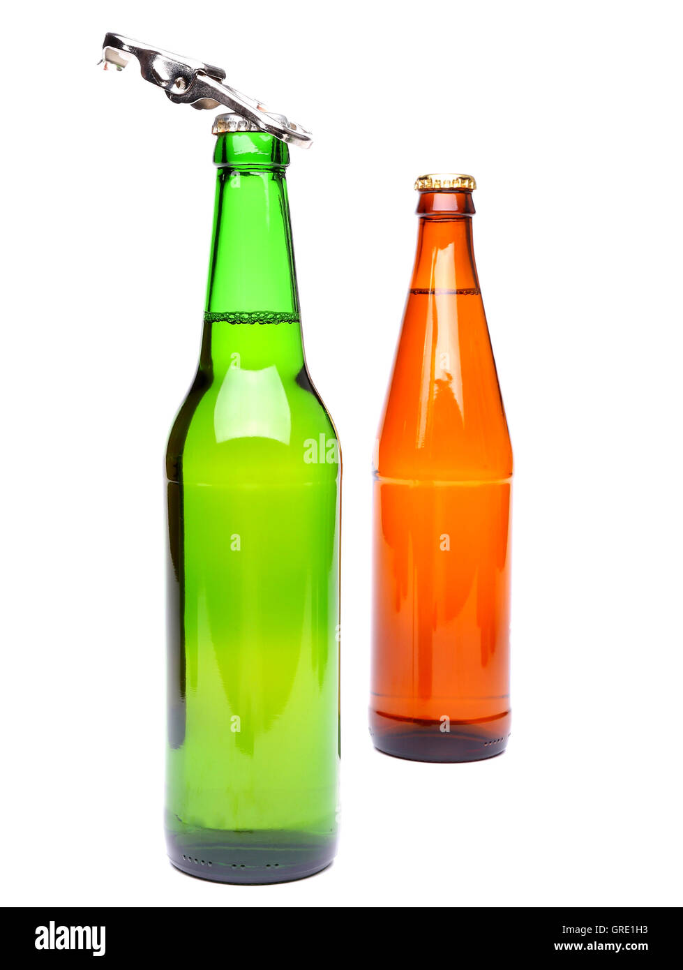 Due bottiglie di birra e un apriporta Foto Stock