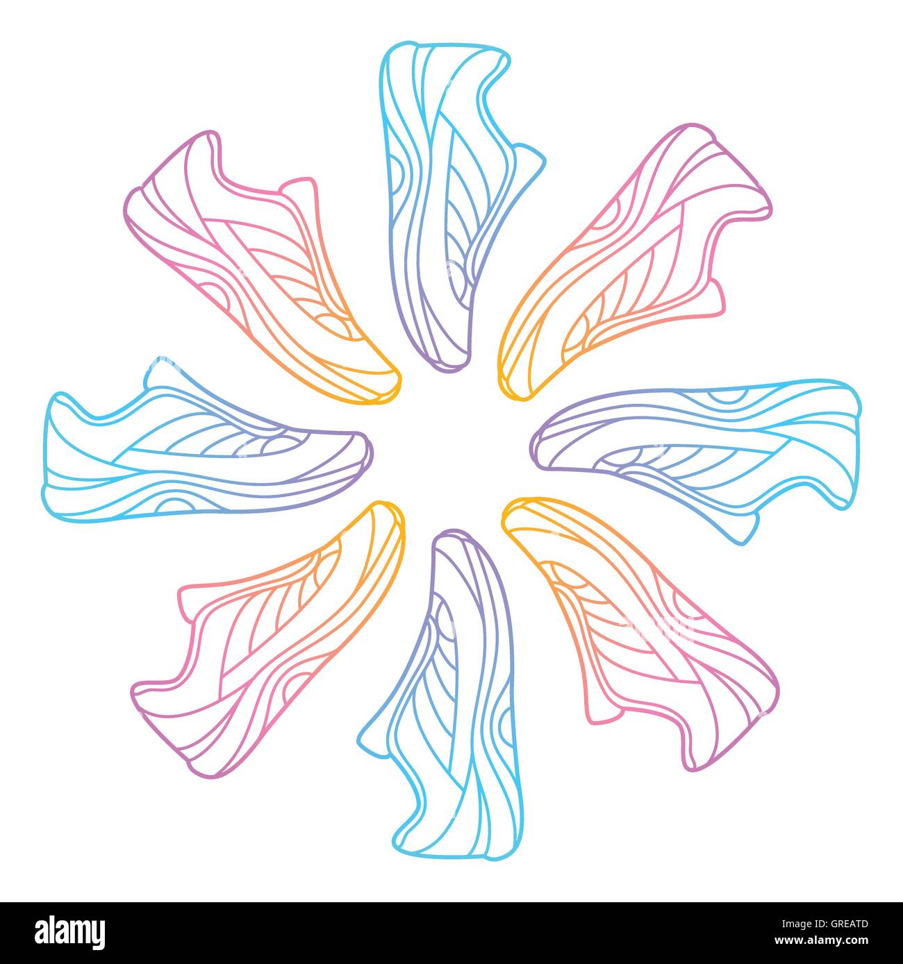 Round composizione fatta di sneakers line art Illustrazione Vettoriale