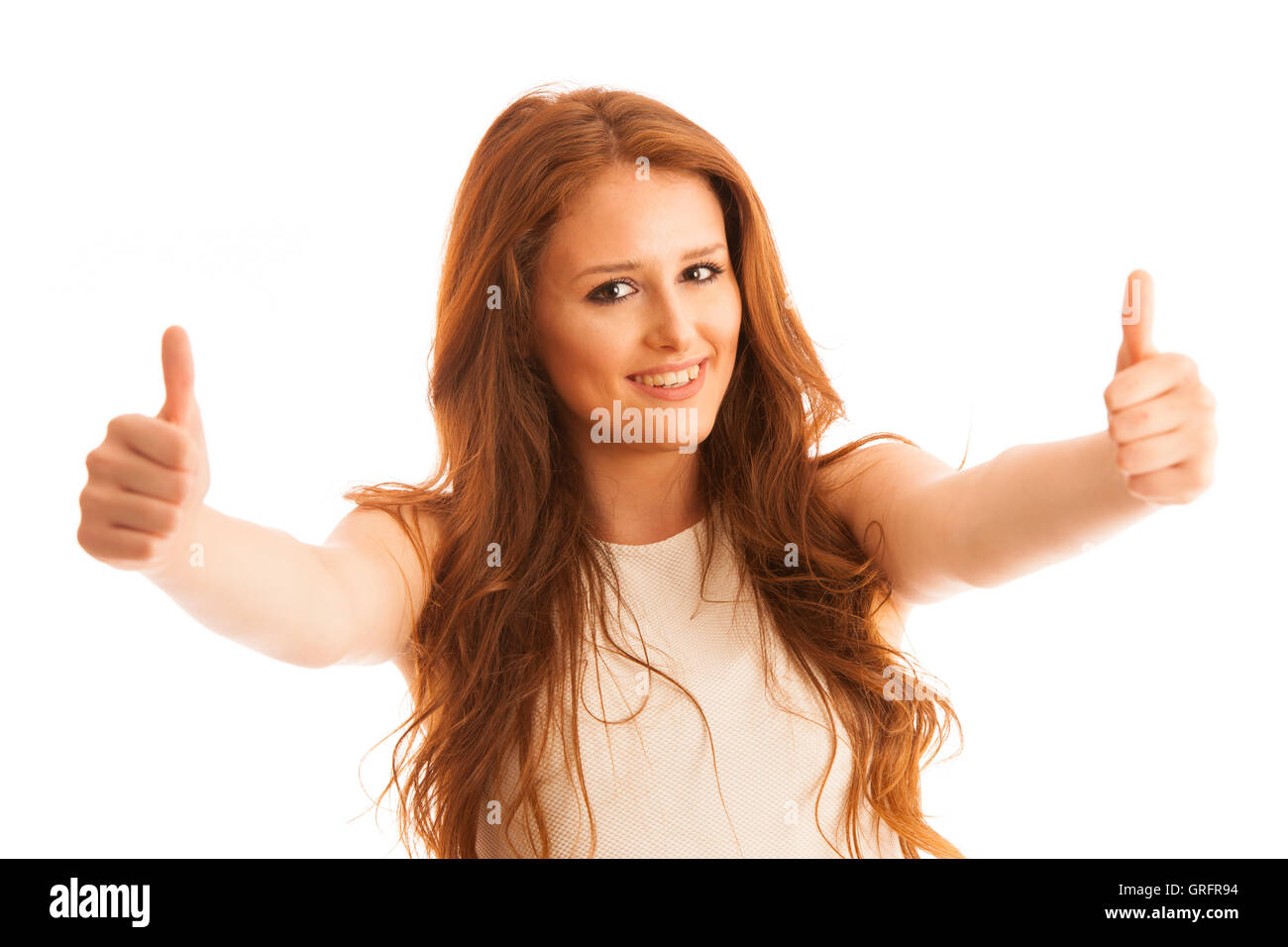 Business donna che mostra il pollice in su come un gesto per il successo isolate su sfondo bianco Foto Stock