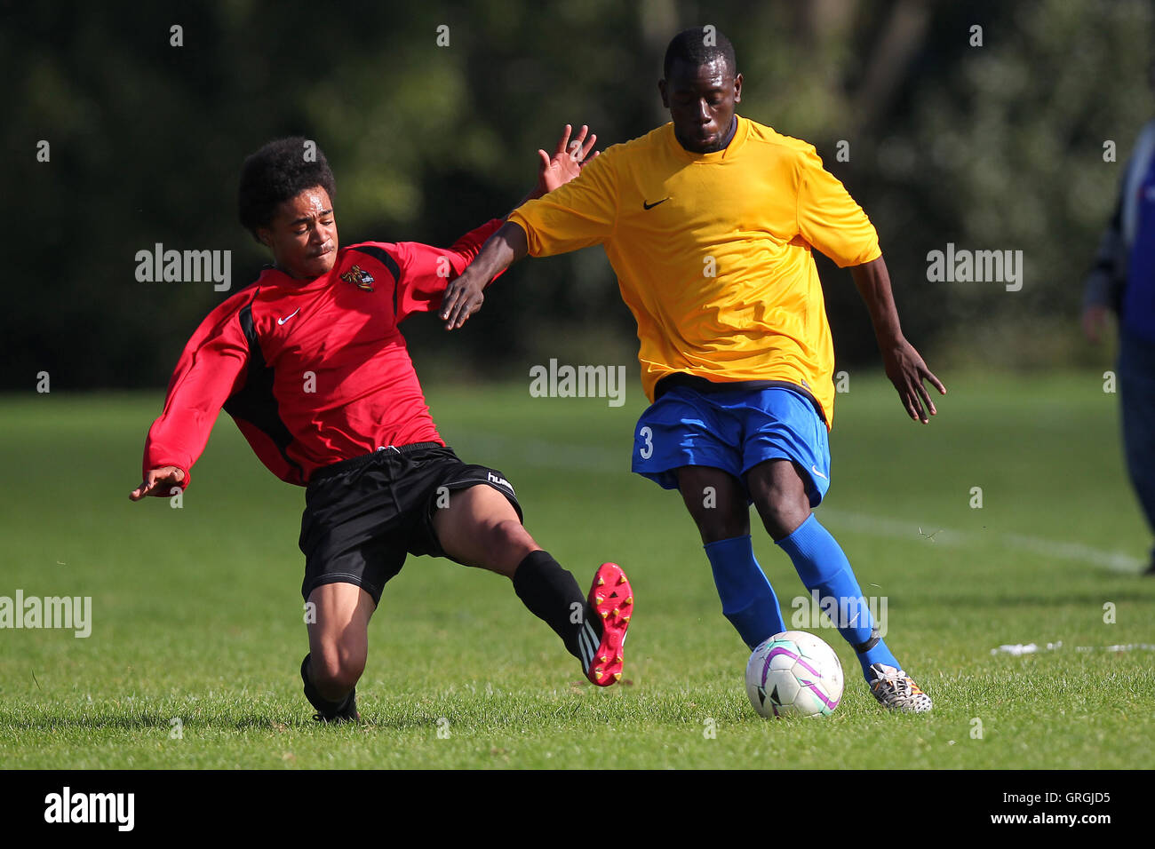 Clapton Rangers (giallo) vs Tottenham Phoenix, Hackney & Leyton Domenica League calcio a Hackney paludi, Hackney, Inghilterra il 27/09/2015 Foto Stock