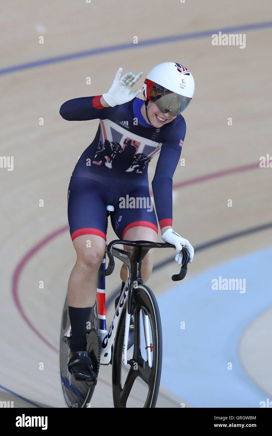 Rio de Janeiro, Brasile. 16 Ago, 2016. Giochi olimpici estivi. Ciclismo su pista la concorrenza. Rebecca James (GBR)Vitesse singoli womens © Azione Sport Plus/Alamy Live News Foto Stock