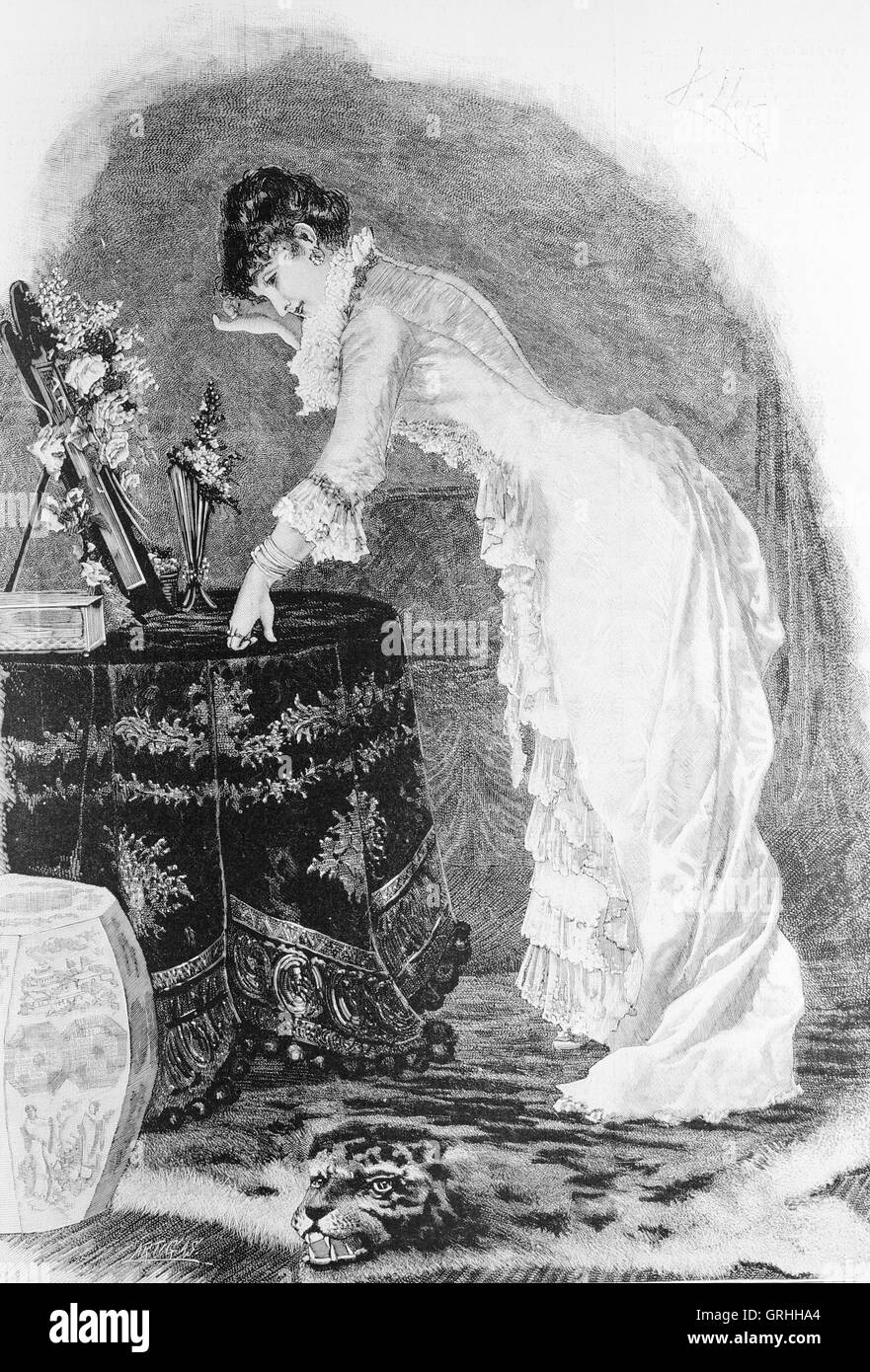 Donna borghese. Incisione di Artigas. La Ilustracion Artistica, 1885, Spagna.1885. Foto Stock