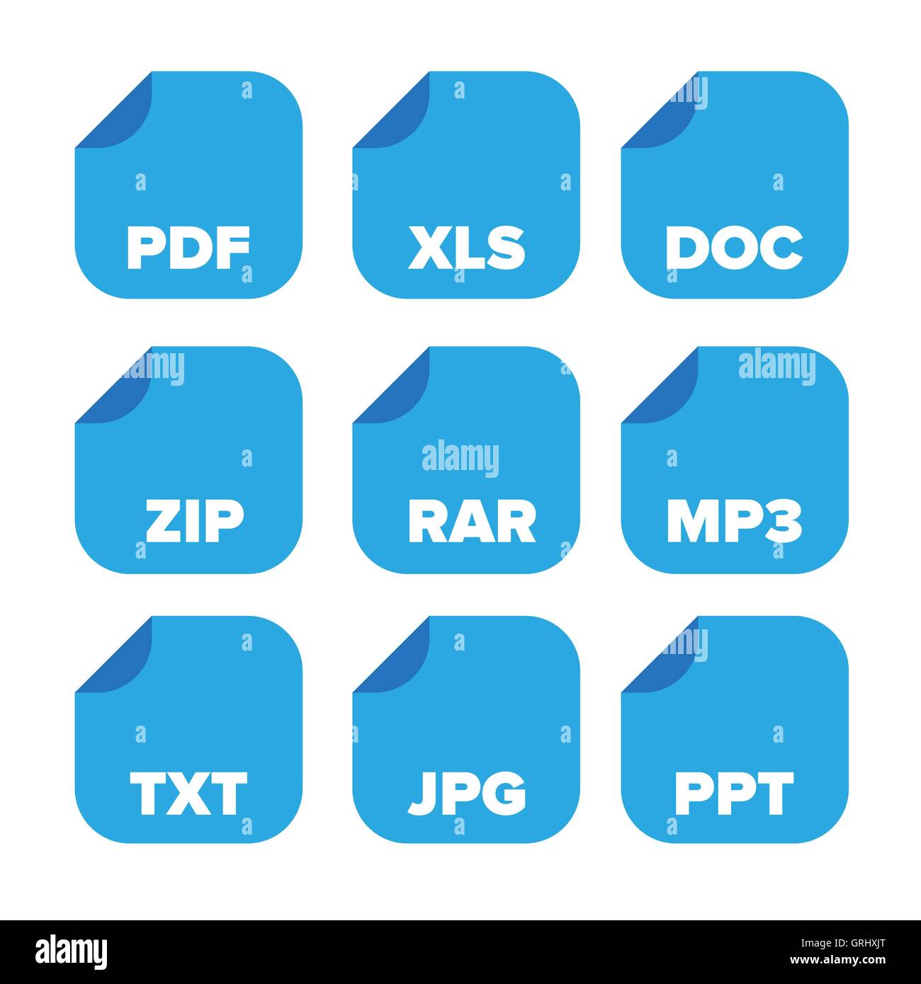 Estensioni di file set di icone: pdf, xls, doc, zip, rar, mp3, txt, jp Illustrazione Vettoriale