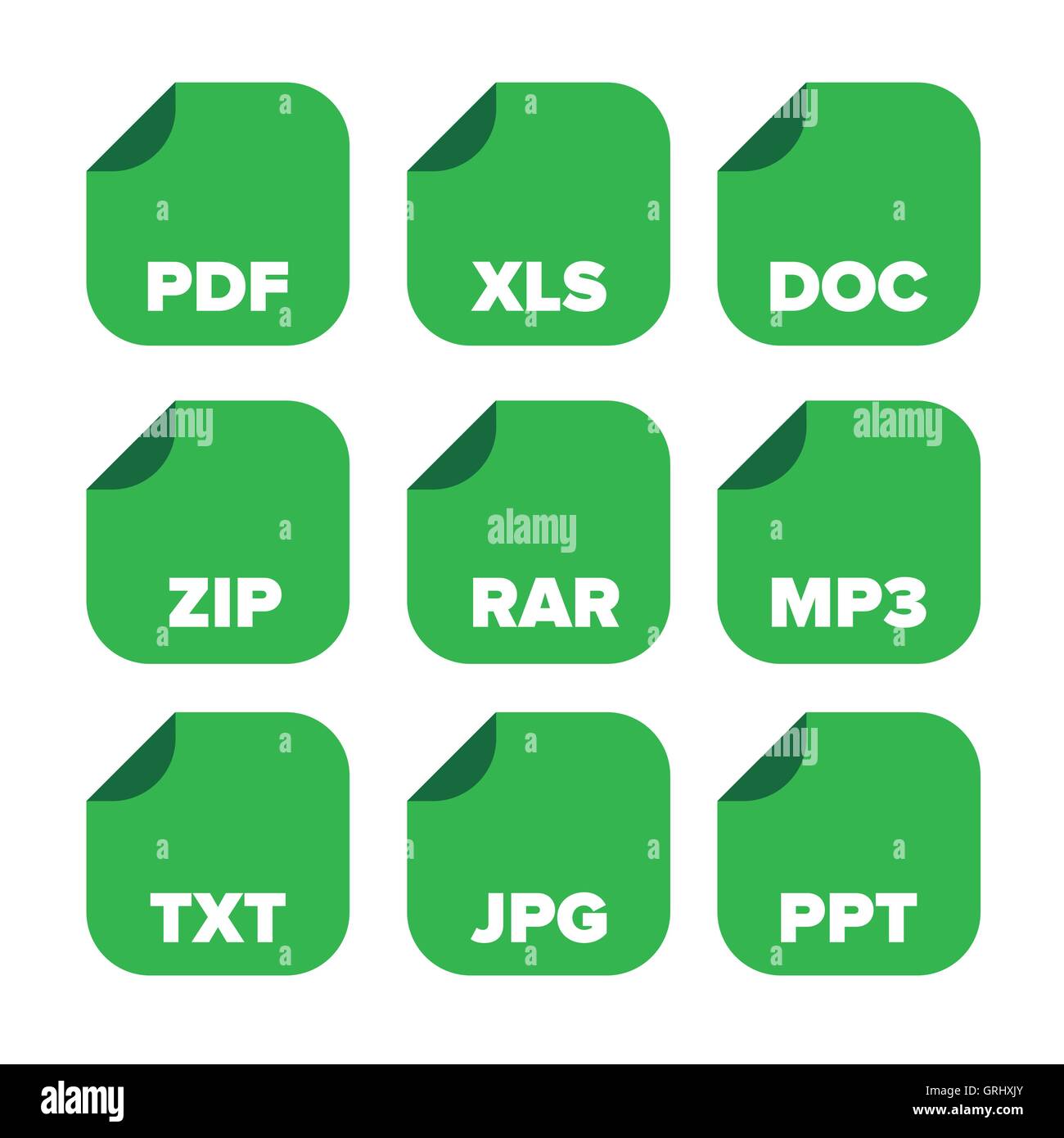 Estensioni di file set di icone: pdf, xls, doc, zip, rar, mp3, txt, jp Illustrazione Vettoriale