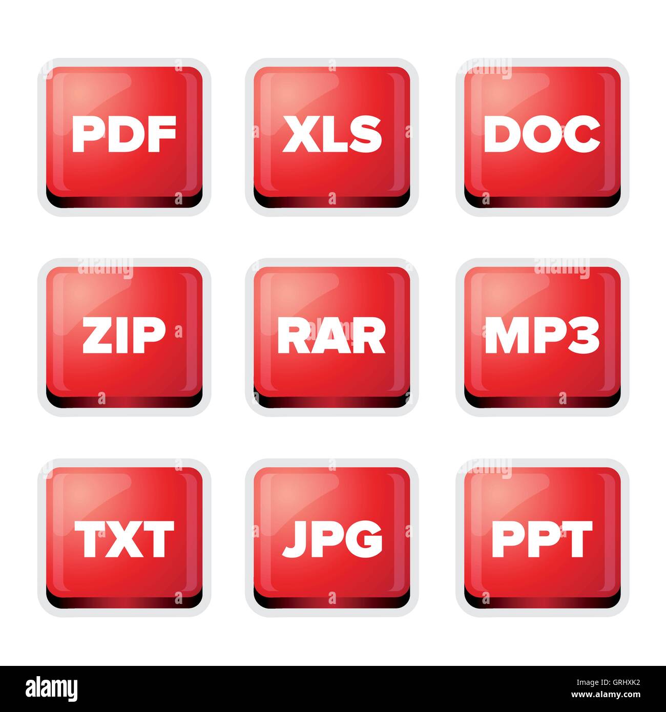Estensioni di file set di icone: pdf, xls, doc, zip, rar, mp3, txt, jp Illustrazione Vettoriale