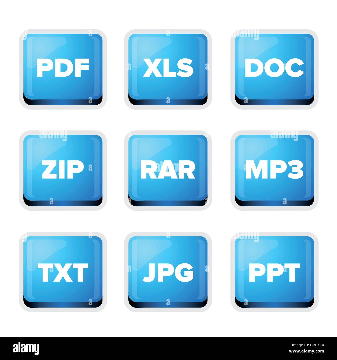 Estensioni di file set di icone: pdf, xls, doc, zip, rar, mp3, txt, jp Illustrazione Vettoriale