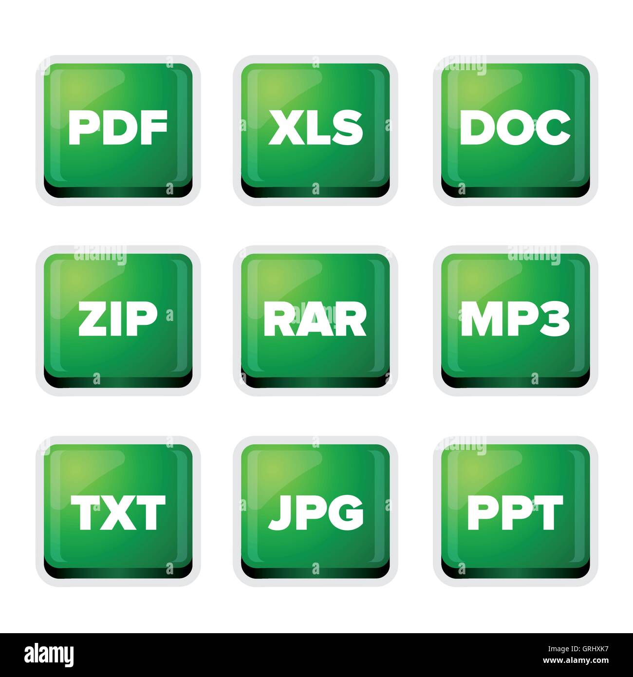 Estensioni di file set di icone: pdf, xls, doc, zip, rar, mp3, txt, jp Illustrazione Vettoriale