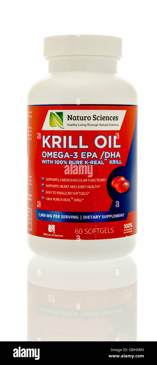 Winneconne, WI - 7 Settembre 2016: Bottiglia di scienze Naturo olio di krill isolato su un background. Foto Stock