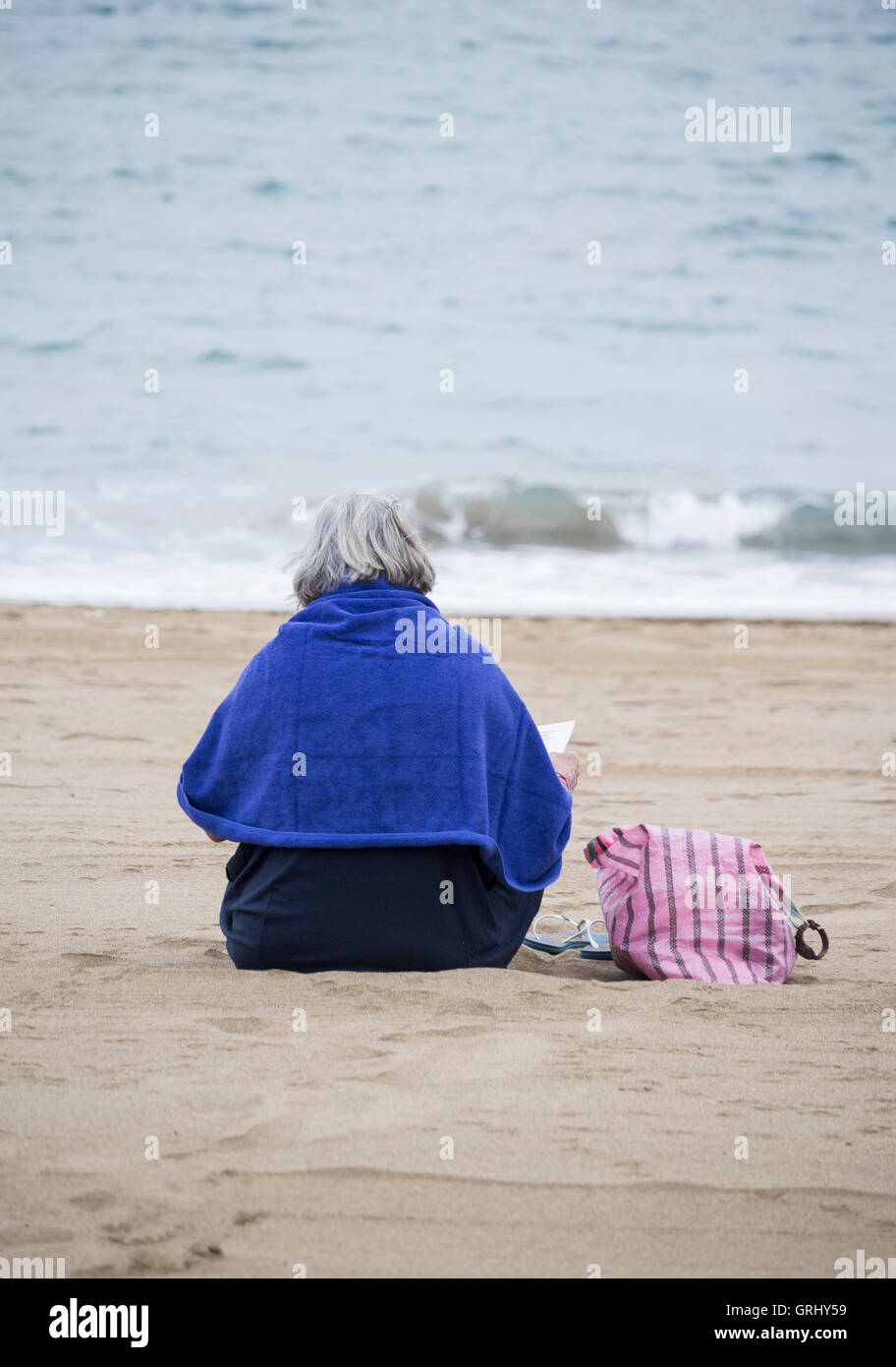 Vista posteriore della donna anziana lettura sulla spiaggia. Foto Stock