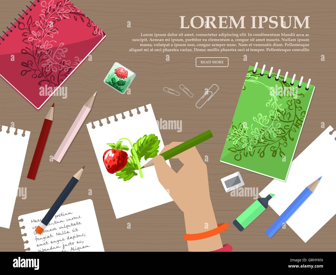 Computer desktop con i notebook, disegno e materiale di cancelleria. Con posto per il vostro testo. Vettore Illustrazione Vettoriale