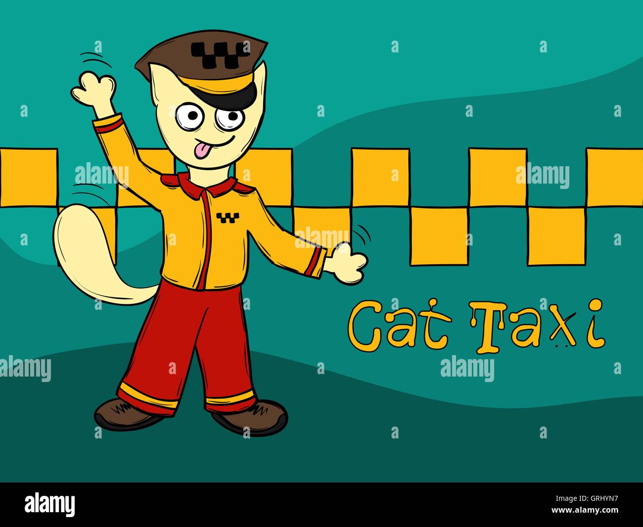 Funny cartoon cat disegnati a mano su uno sfondo verde. Taxi driver. Vettore Illustrazione Vettoriale