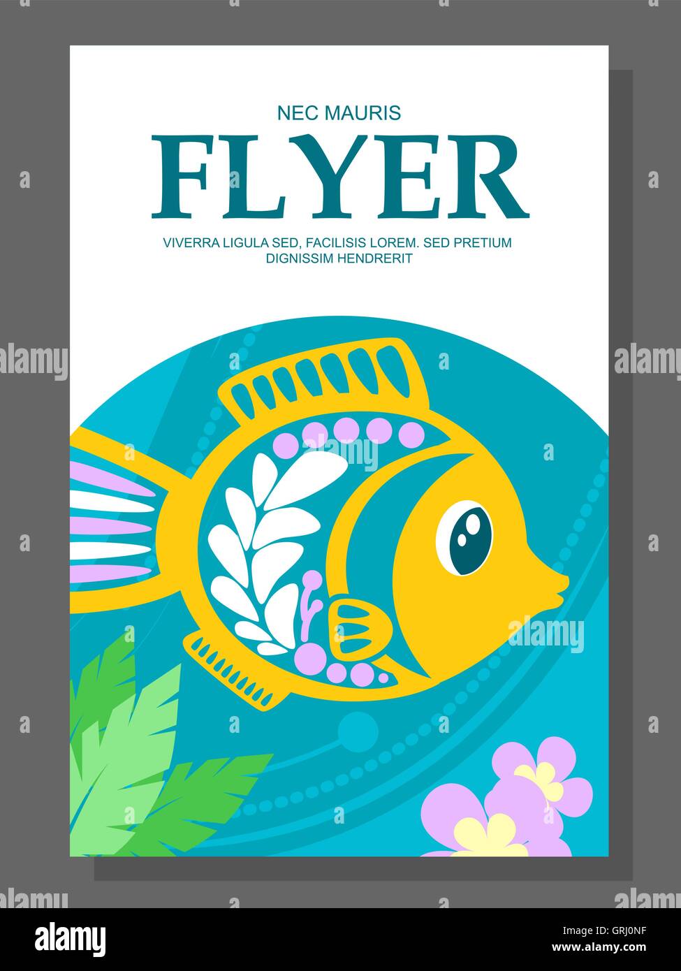 Estate flyer con un pesce decorativo sul fondo dell'oceano e alghe in prossimità di essa. Vettore Illustrazione Vettoriale