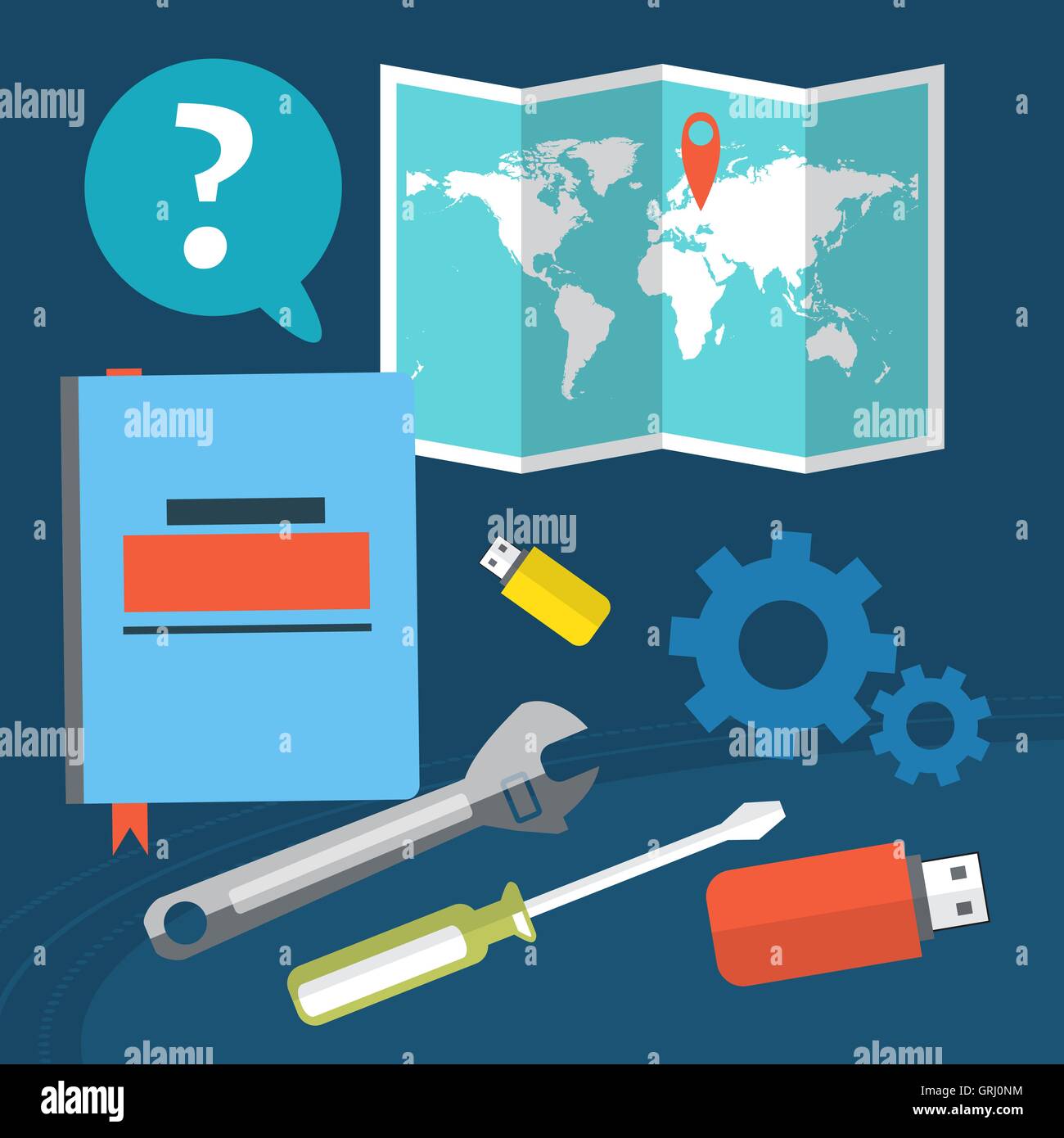 Il concetto di posizione delle impostazioni. Domande e risposte sulla memoria flash un notebook. Mappa del mondo. Vettore Illustrazione Vettoriale