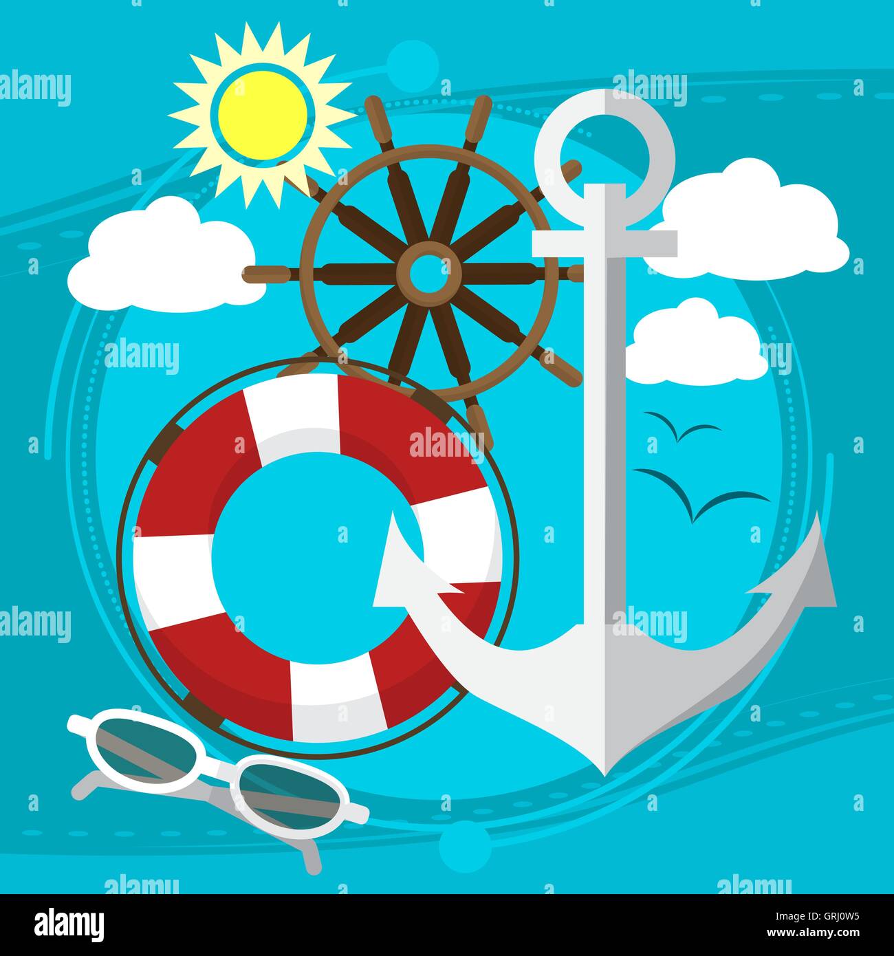 Tempo soleggiato al mare, nuotare nella barca con una lifeline in occhiali da sole. gabbiani in background. Vettore Illustrazione Vettoriale