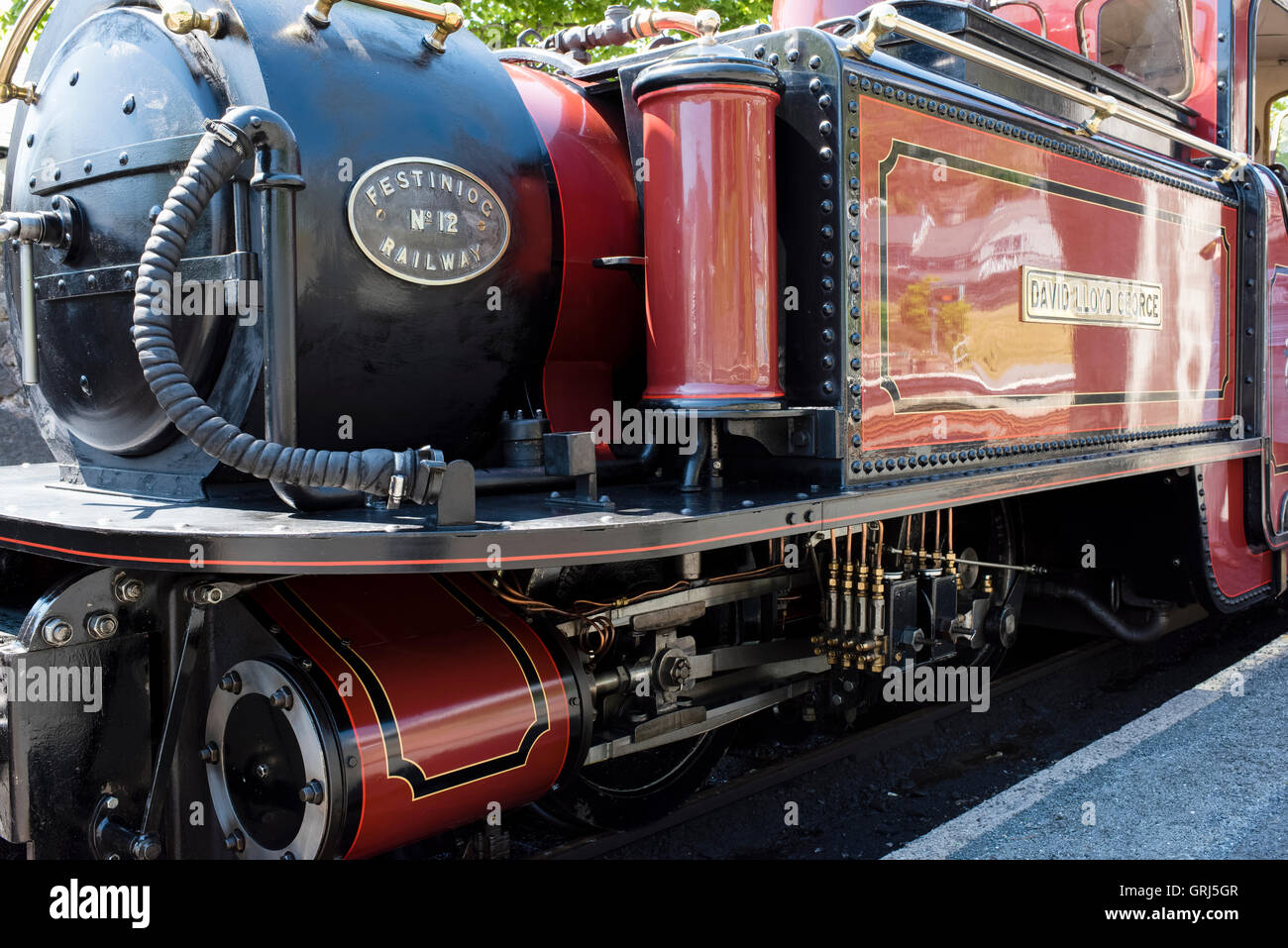 L' dadi e bulloni della locomotiva a vapore 'David Lloyd George', Blaenau Ffestiniog, Gwynedd, Wales, Regno Unito Foto Stock