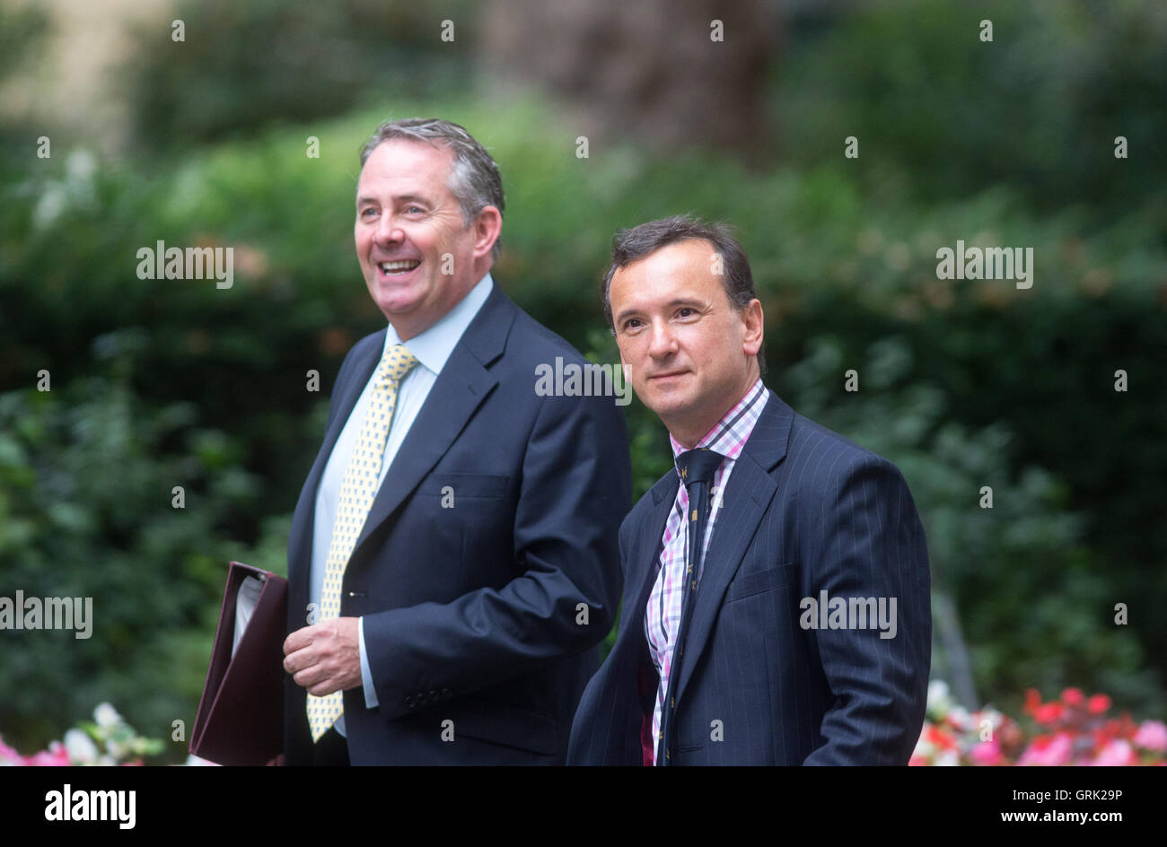 Commercio internazionale Segretario Liam Fox e Segretario gallese Alun Cairns arriva a Downing street settimanale per la riunione di gabinetto. Foto Stock