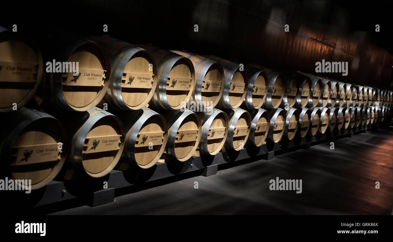 Botti di vino Rioja sono memorizzati nella cantina di una cantina in Briones, Spagna Agosto 26, 2016. Copyright fotografia John Voos Foto Stock