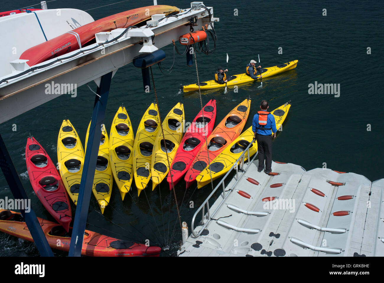 Kayak da mare accanto alla nave da crociera Safari Adoperano vicino a Reid ghiacciaio nel Parco Nazionale di Glacier Bay, Alaska, Stati Uniti d'America. Tutti i nostri viaggi a noi Foto Stock