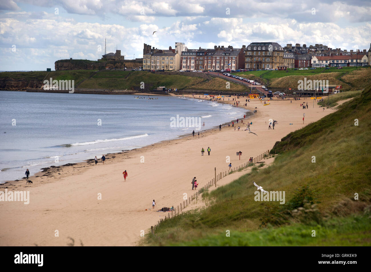 Lunga spiaggia di sabbia, Tynemouth, Nord Est Inghilterra Foto Stock