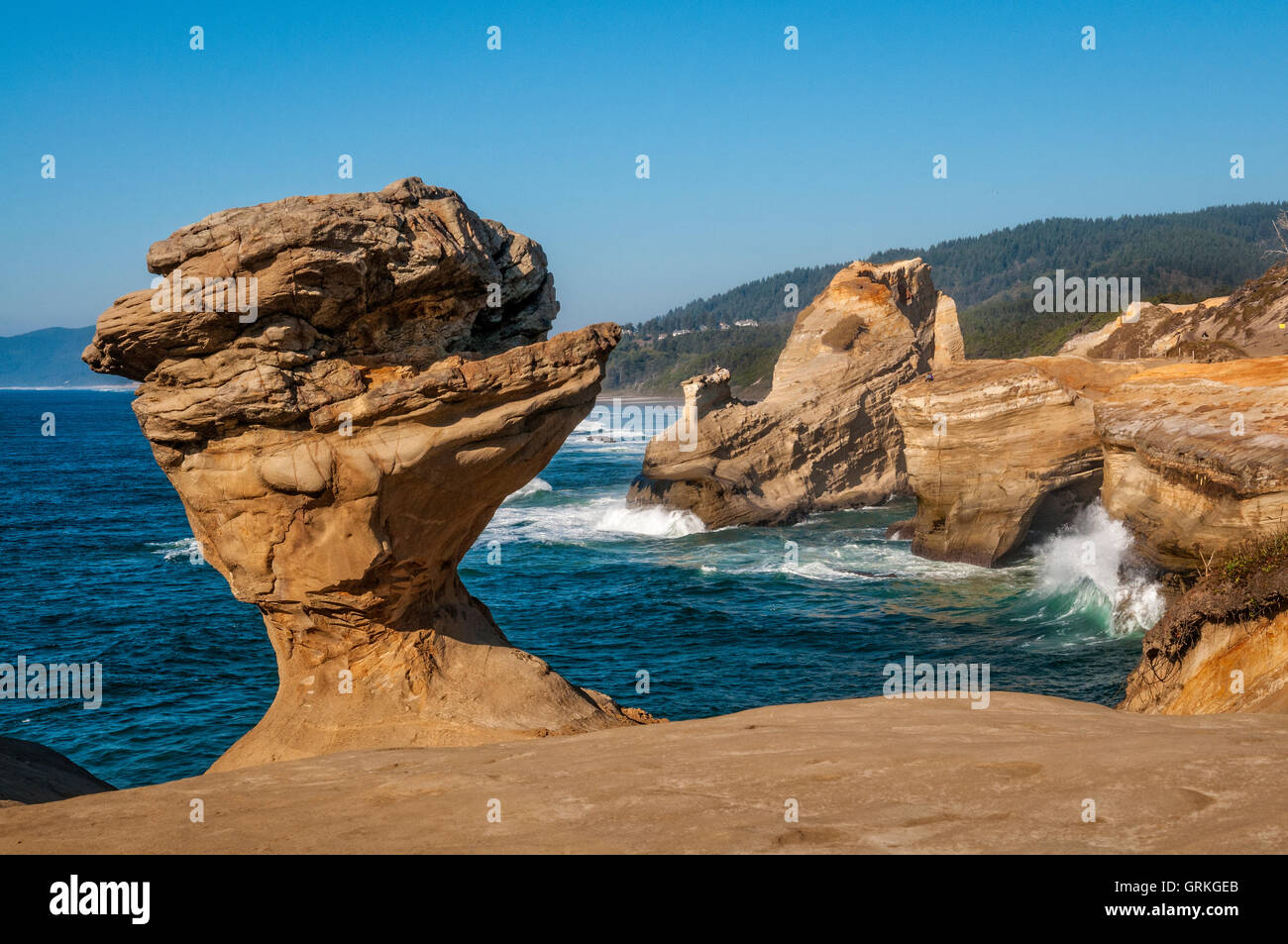 Formazione rocciosa di arenaria nota come "becco d'anatra" a Cape Kiwanda, sulla costa centrale dell'Oregon. La roccia fu rovesciata dai vandali nell'agosto 2016. Foto Stock