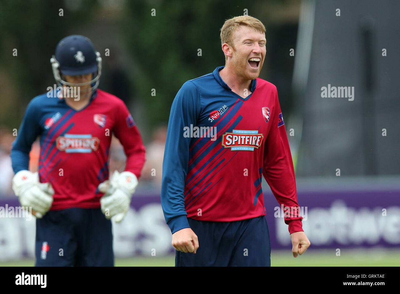 Adam Riley del Kent celebra il paletto di Ravi Bopara - Essex Eagles vs Kent Spitfires - NatWest T20 Blast Cricket presso il parco del castello, Colchester, Essex - 12/07/14 Foto Stock