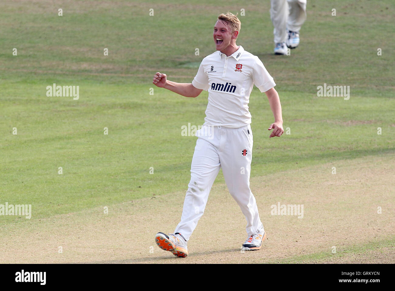 Jamie Porter di Essex celebra tenendo il paletto di Angus Robson - Leicestershire CCC vs Essex CCC - LV County Championship Division due Cricket di Grace Road, Leicester - 16/09/14 Foto Stock