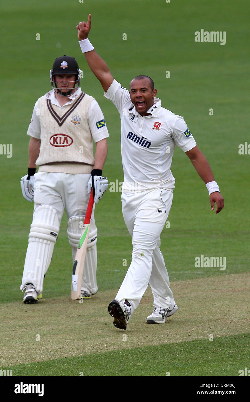 Gioia per Tymal mulini di Essex come egli sostiene il paletto di Dominic Sibley - Surrey CCC vs Essex CCC - LV County Championship Division due Cricket alla Kia ovale, Kennington, Londra - 22/04/14 Foto Stock