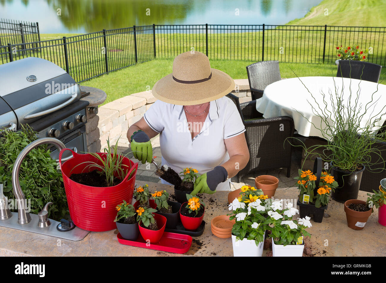 Angolo di alta vista di una signora giardiniere indossando un largo-colmato cappello di paglia potting di nuovi impianti su un patio all'aperto presso il contatore Foto Stock